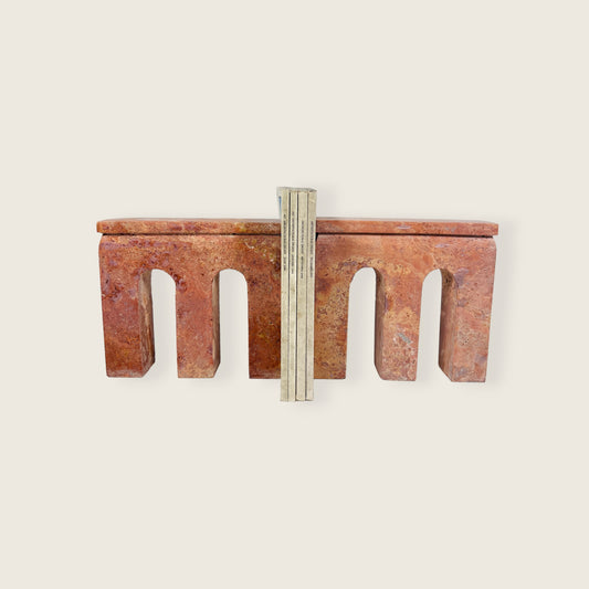 Tri-Arch Red Travertine Book End Pair
