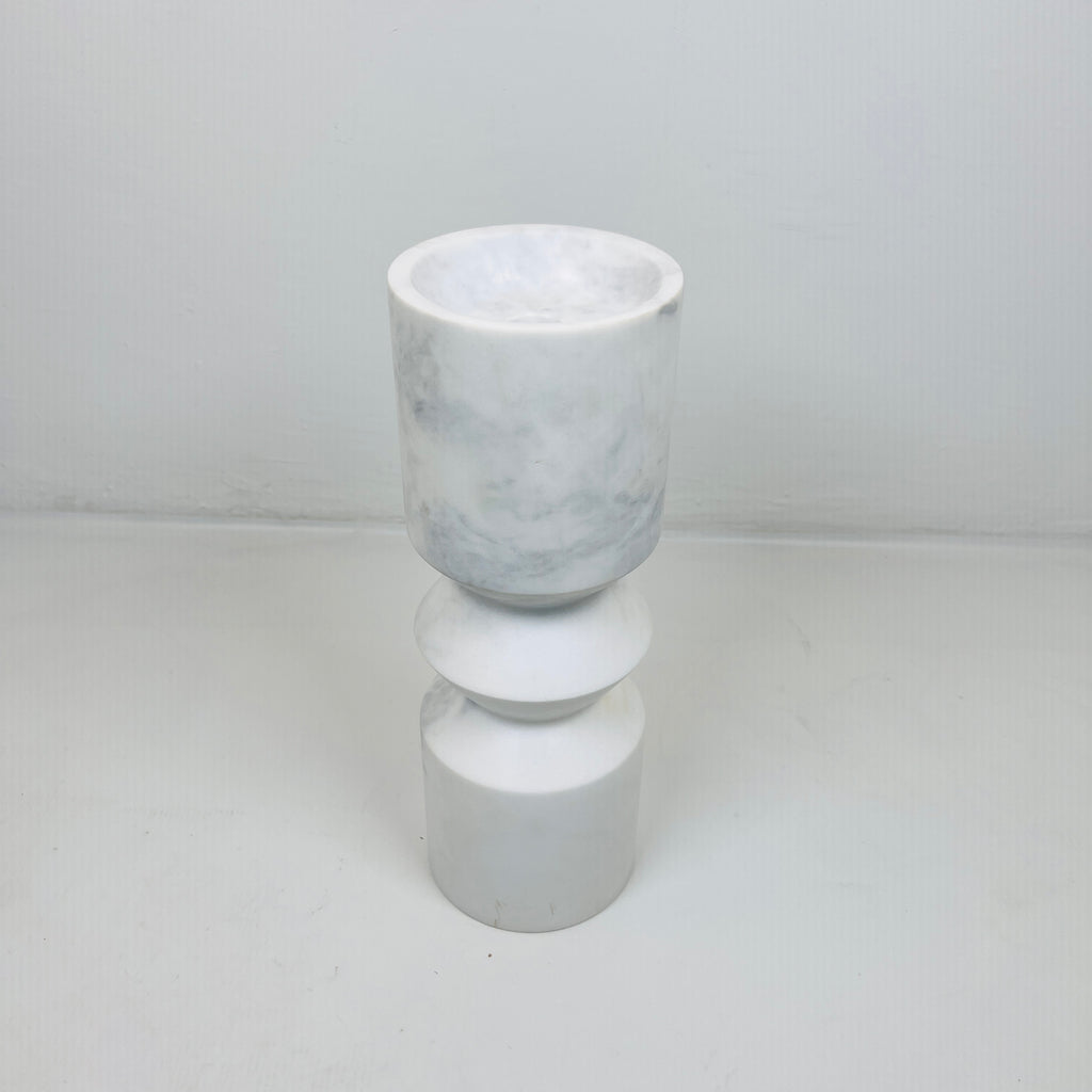 Bulged Disc Light Grey Streaked Marble Candle Stand