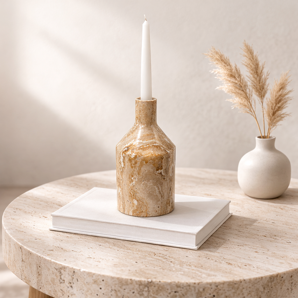 Wide Bottle Candle Stand - Travertine