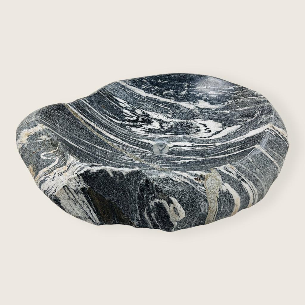 White Lined Black River Stone Sink