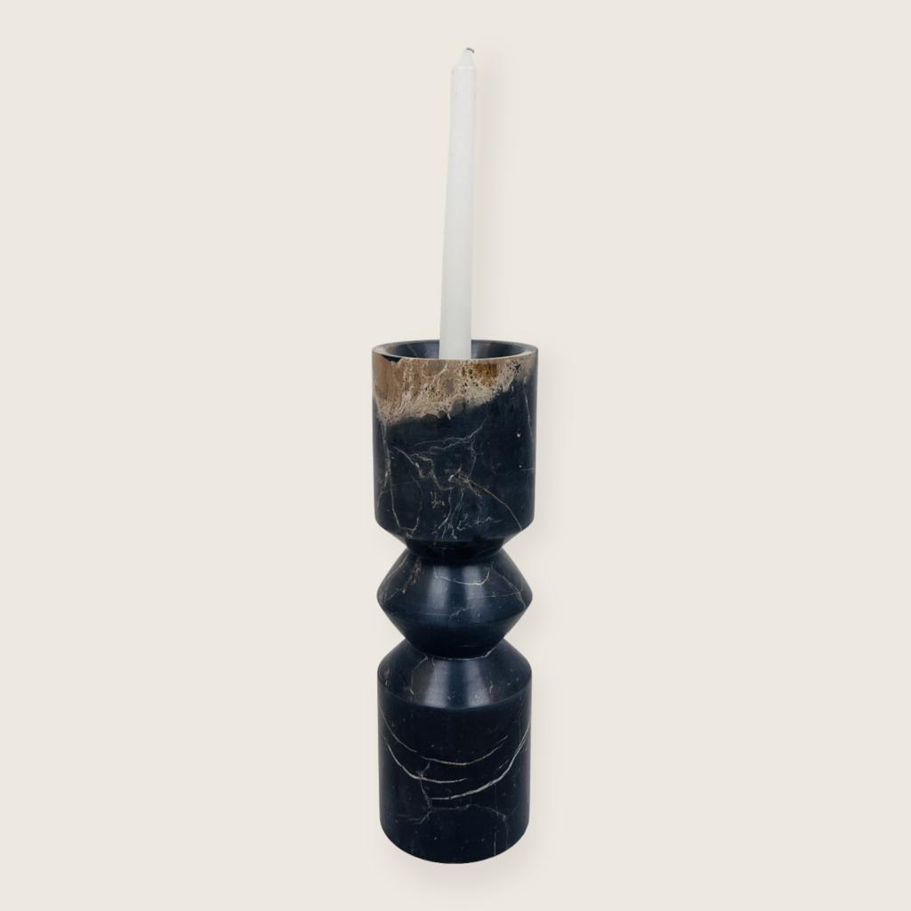 Bulged Disc Black Marked Marble Candle Stand