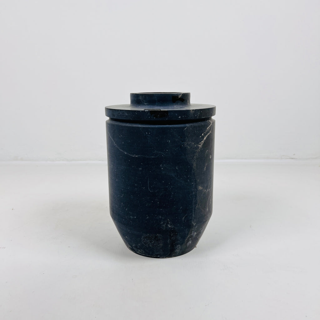 Ringed Wide Bottom Black Travertine Vase (Large)