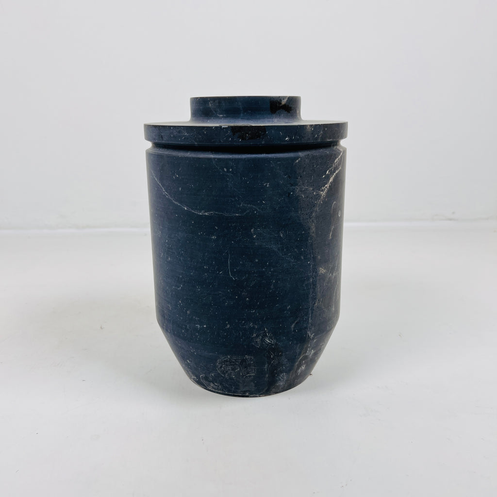 Ringed Wide Bottom Black Travertine Vase (Large)