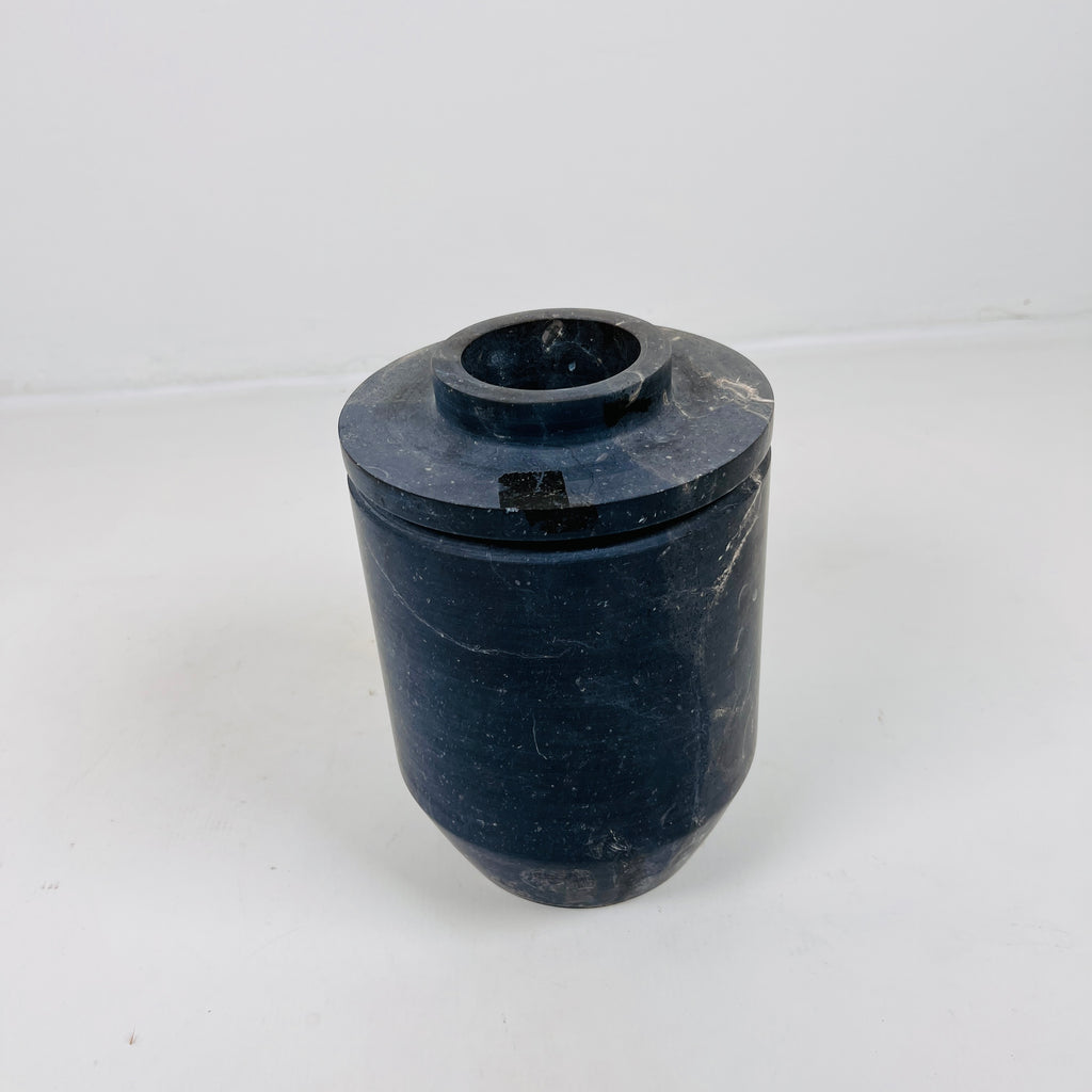 Ringed Wide Bottom Black Travertine Vase (Large)