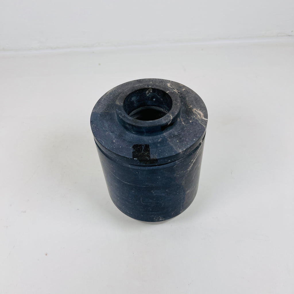 Ringed Wide Bottom Black Travertine Vase (Large)