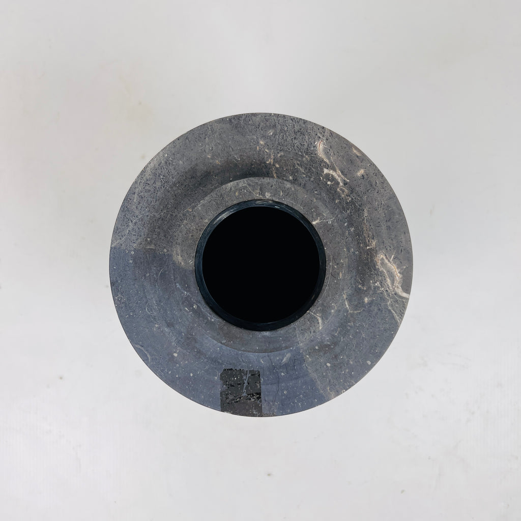 Ringed Wide Bottom Black Travertine Vase (Large)