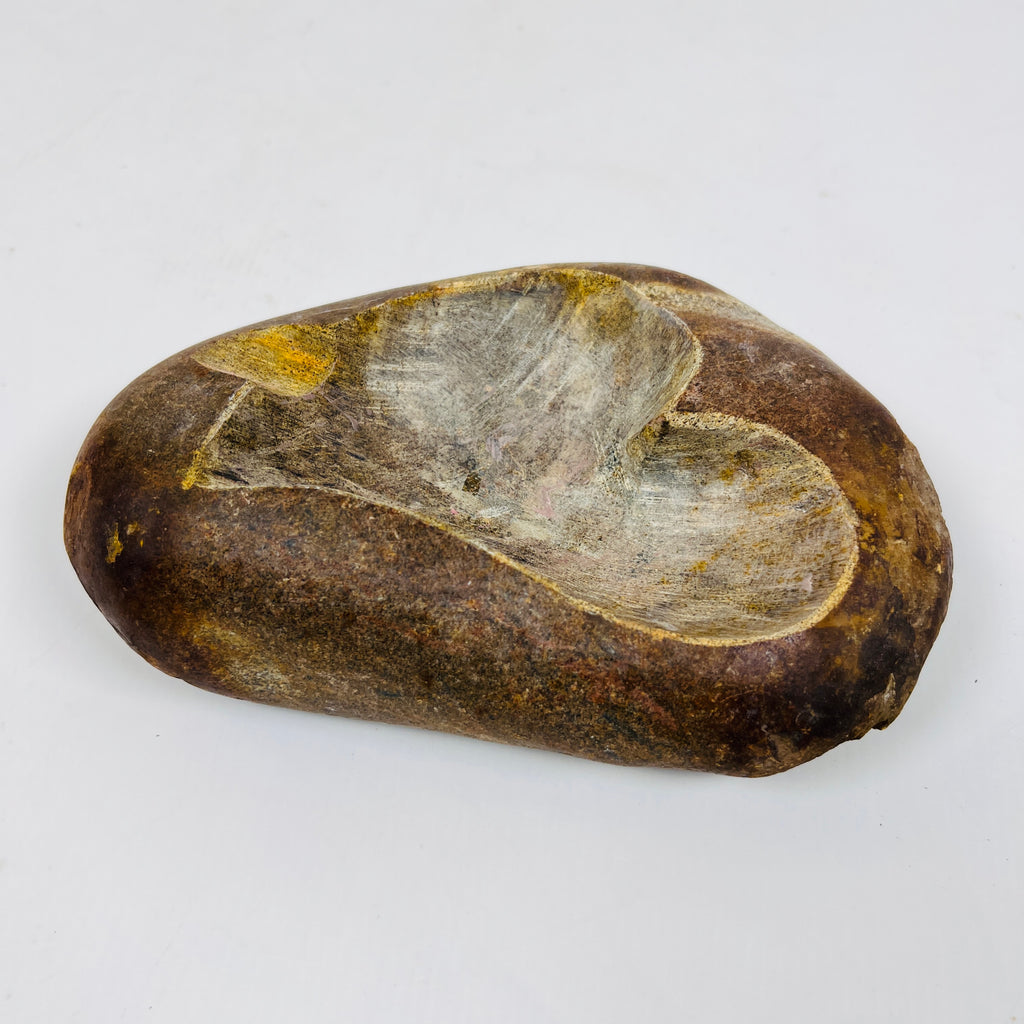 River Stone Heart Carved Mustard Lined Ash Tray