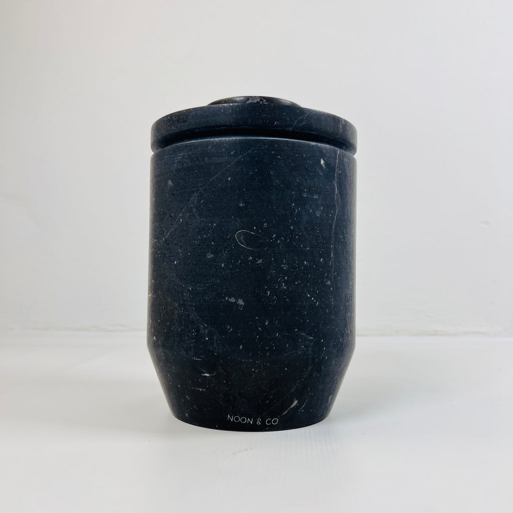 Ringed Wide Bottom Black Travertine Vase (Large)