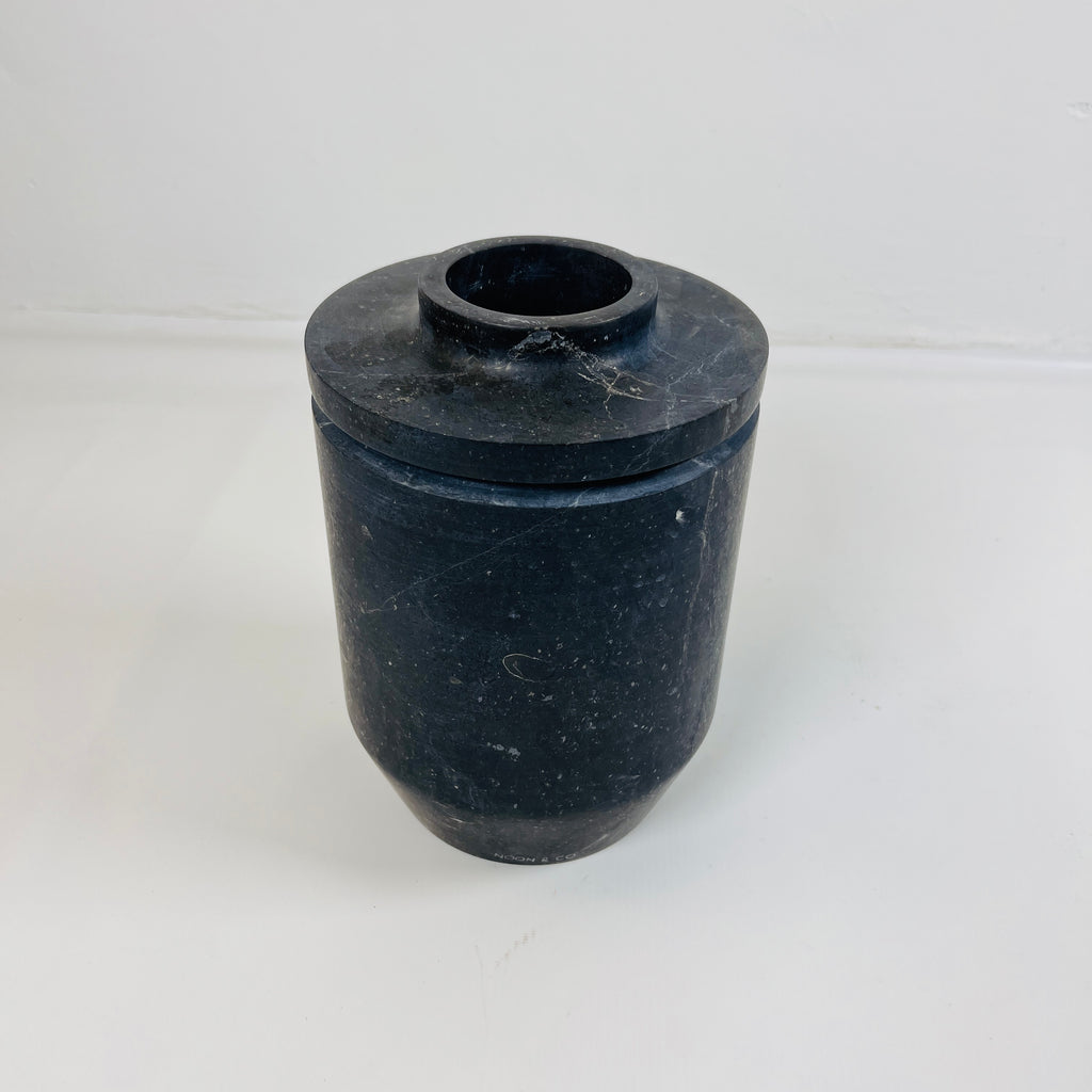 Ringed Wide Bottom Black Travertine Vase (Large)