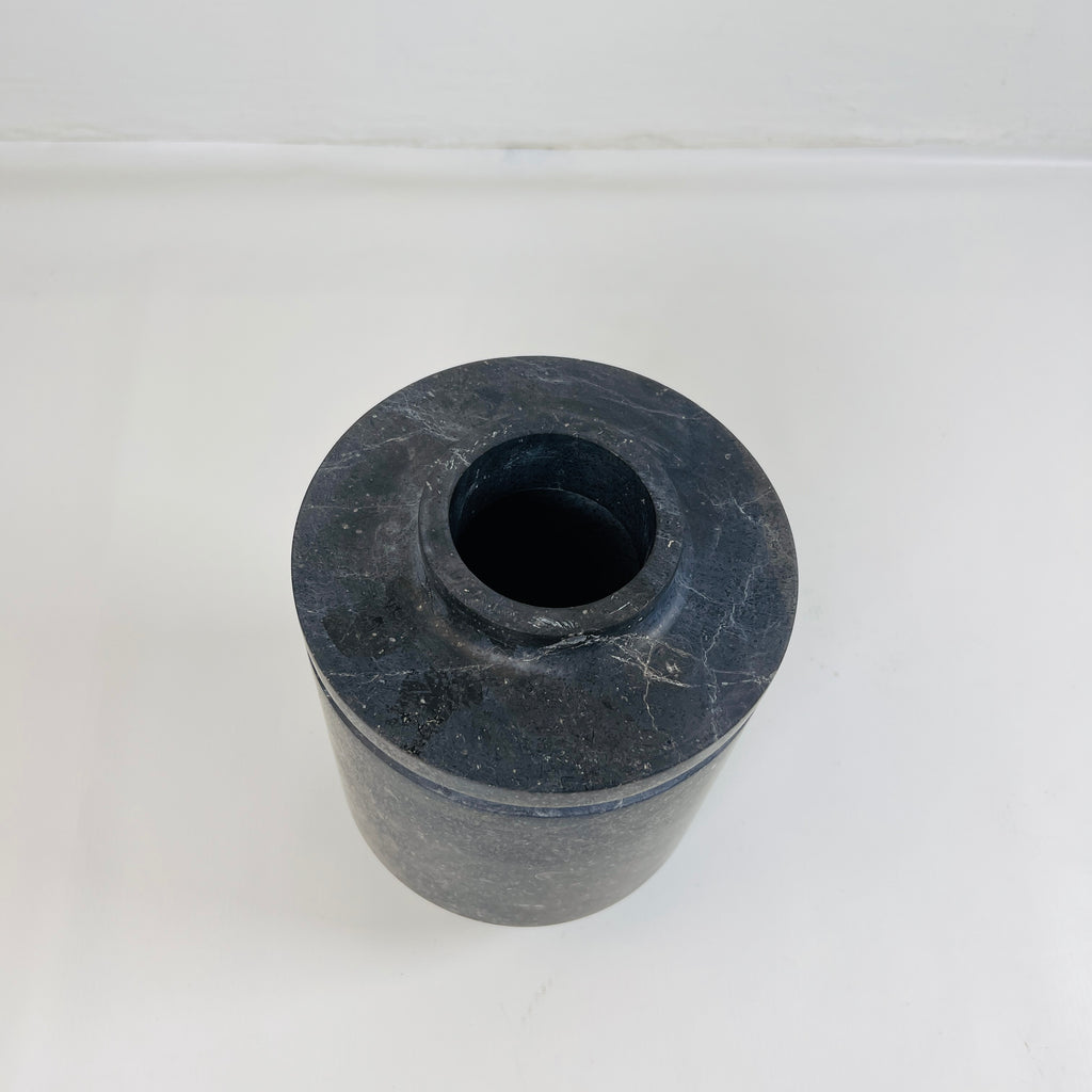 Ringed Wide Bottom Black Travertine Vase (Large)