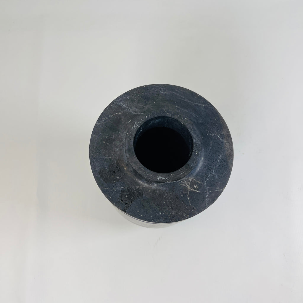 Ringed Wide Bottom Black Travertine Vase (Large)