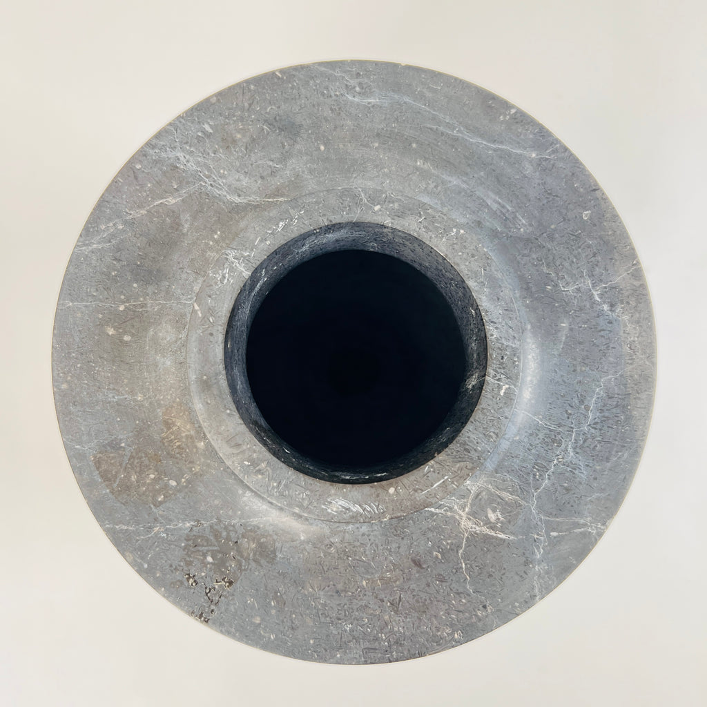 Ringed Wide Bottom Black Travertine Vase (Large)