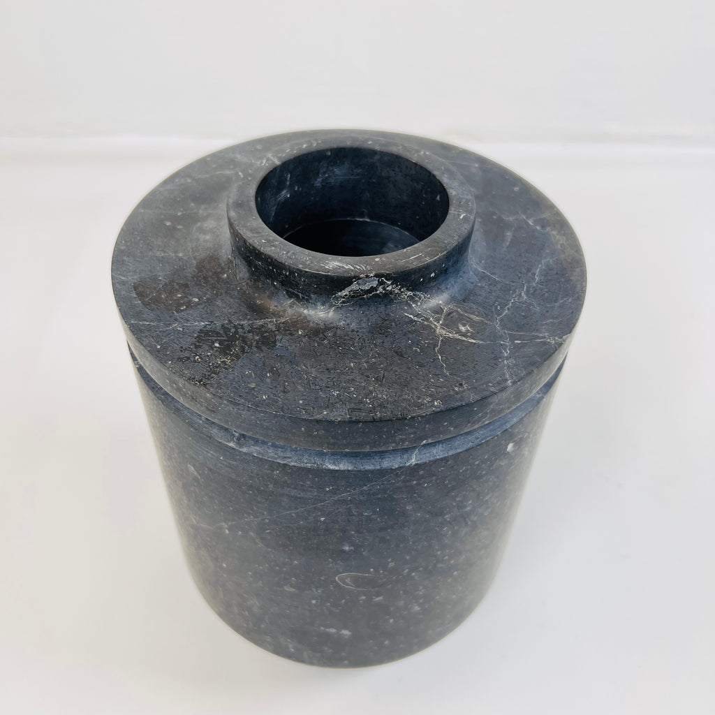 Ringed Wide Bottom Black Travertine Vase (Large)