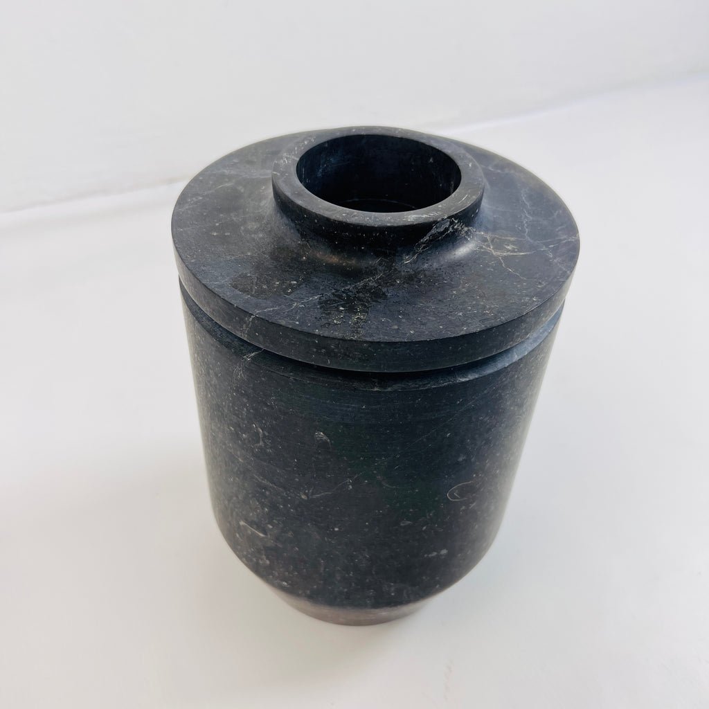 Ringed Wide Bottom Black Travertine Vase (Large)