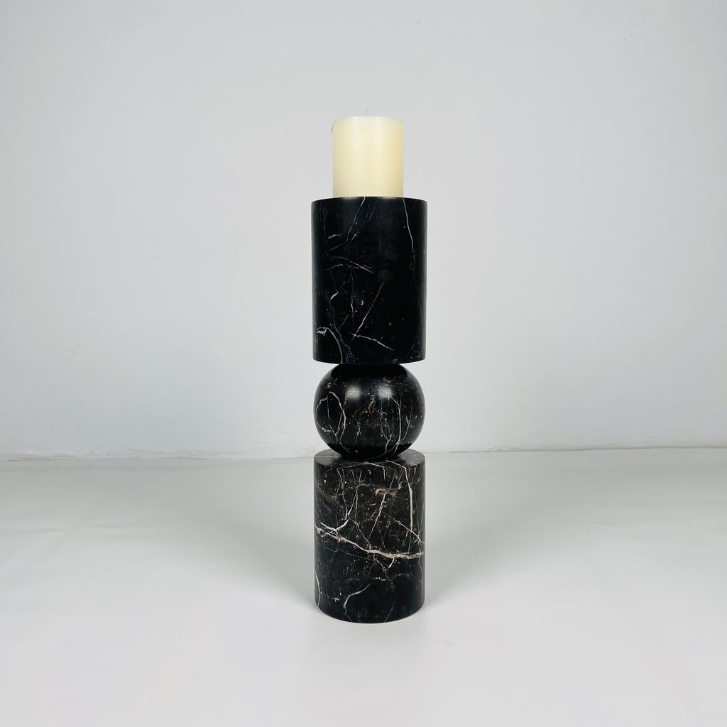 Ball Bulged Black Marble Candle Stand (Small)