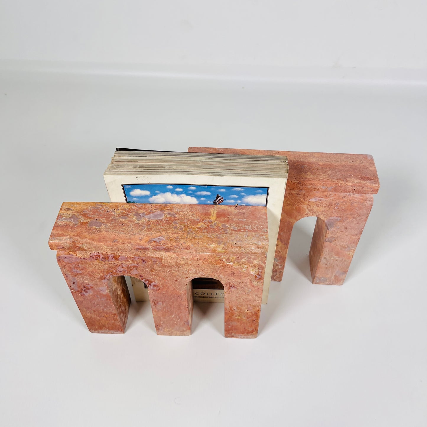 Tri-Arch Red Travertine Book End Pair
