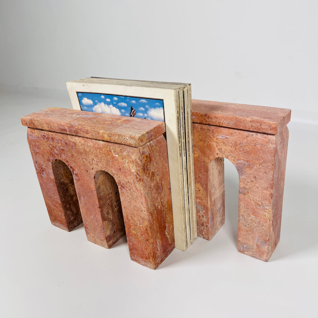 Tri-Arch Red Travertine Book End Pair