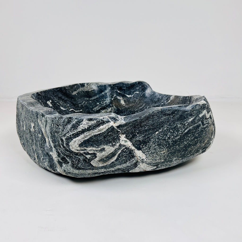 White Lined Black River Stone Sink