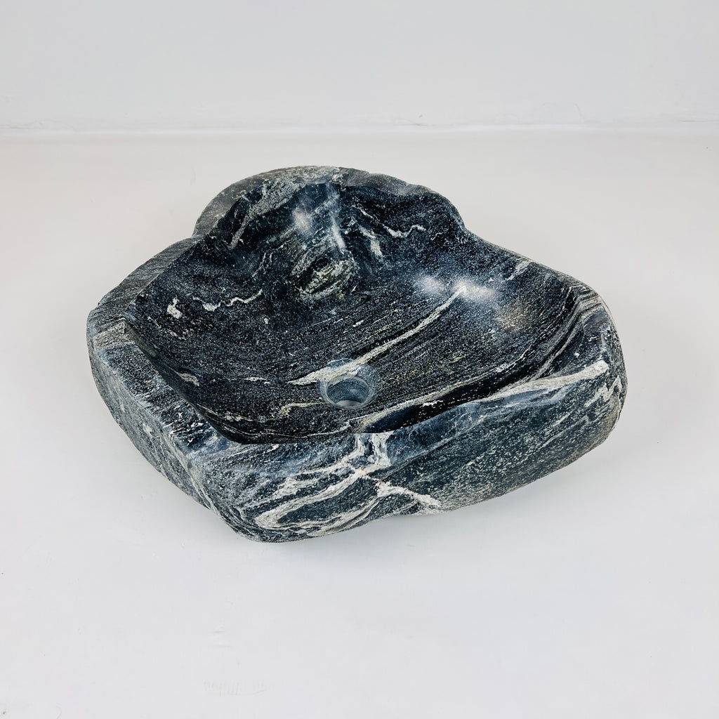 White Lined Black River Stone Sink