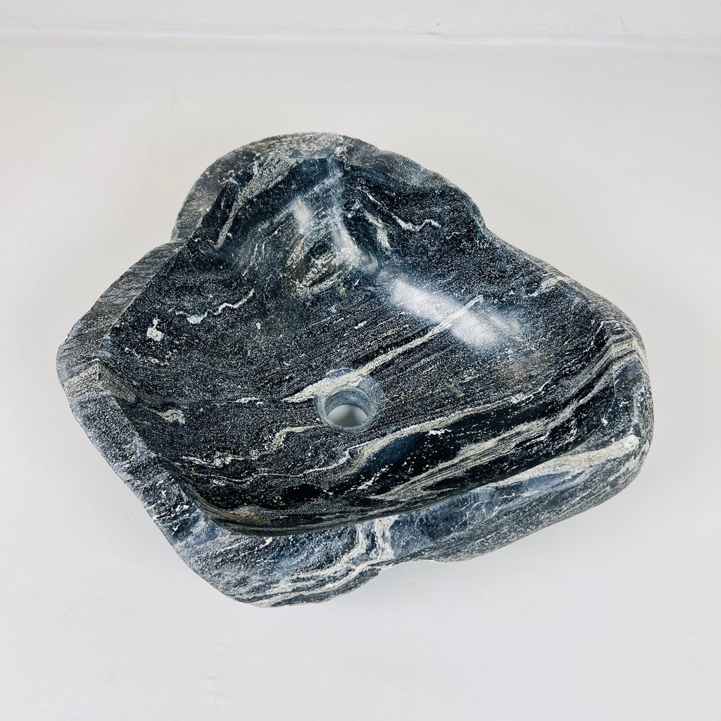 White Lined Black River Stone Sink