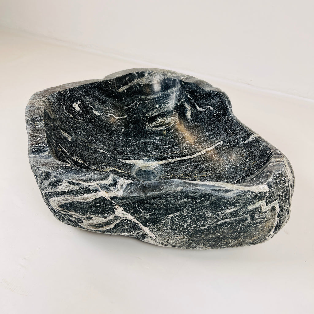 White Lined Black River Stone Sink