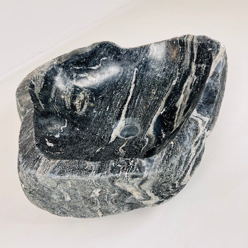 White Lined Black River Stone Sink