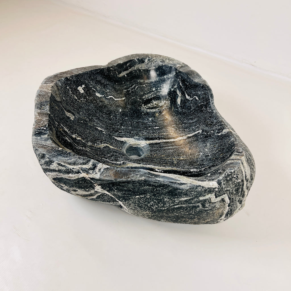 White Lined Black River Stone Sink