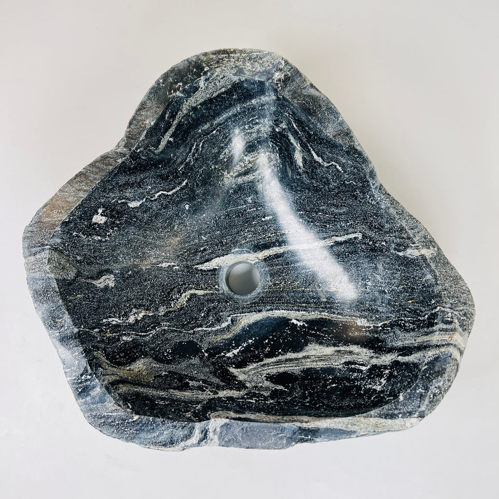 White Lined Black River Stone Sink