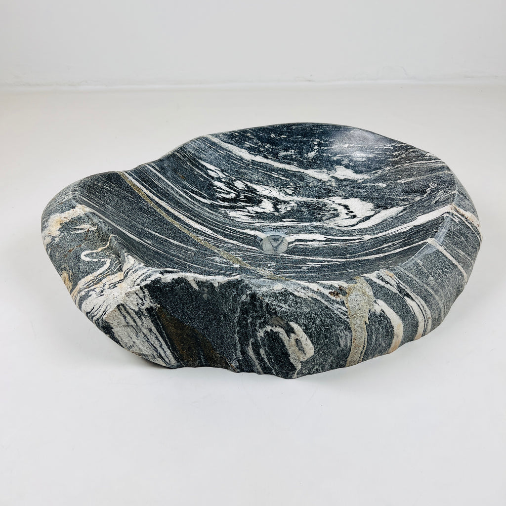 White Lined Black River Stone Sink