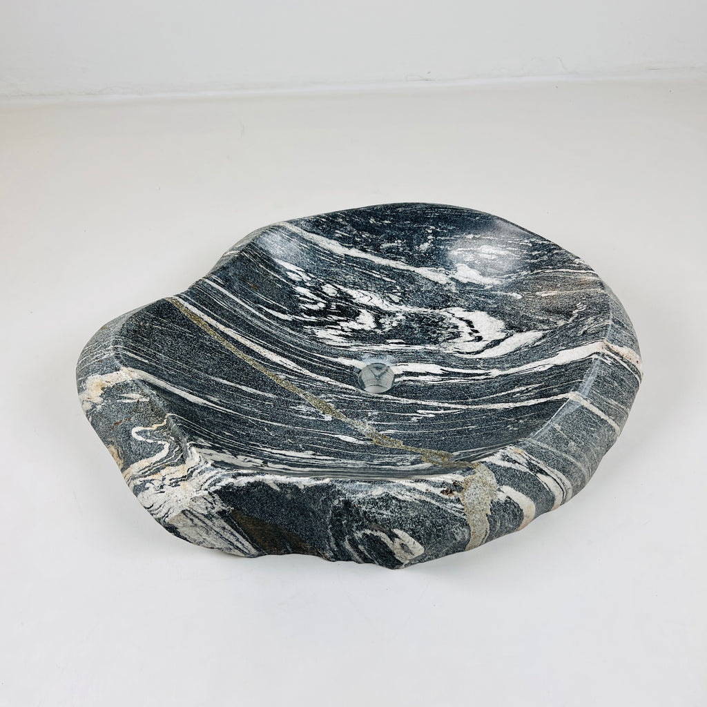 White Lined Black River Stone Sink