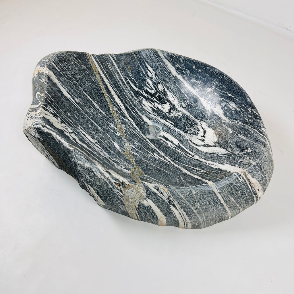 White Lined Black River Stone Sink