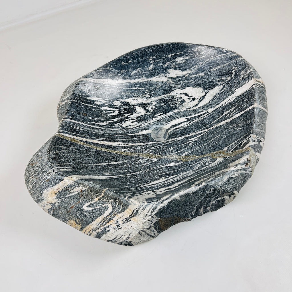 White Lined Black River Stone Sink