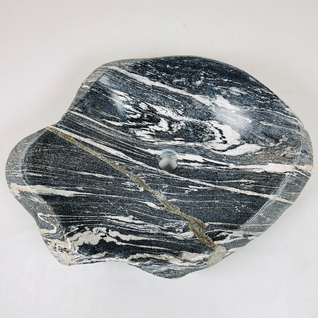 White Lined Black River Stone Sink