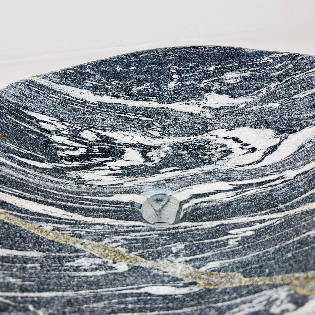 White Lined Black River Stone Sink