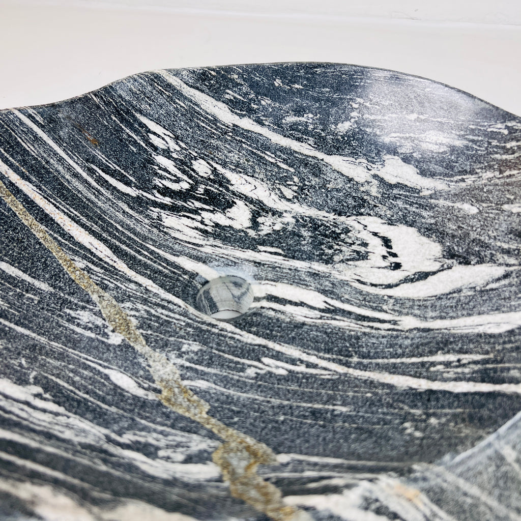 White Lined Black River Stone Sink