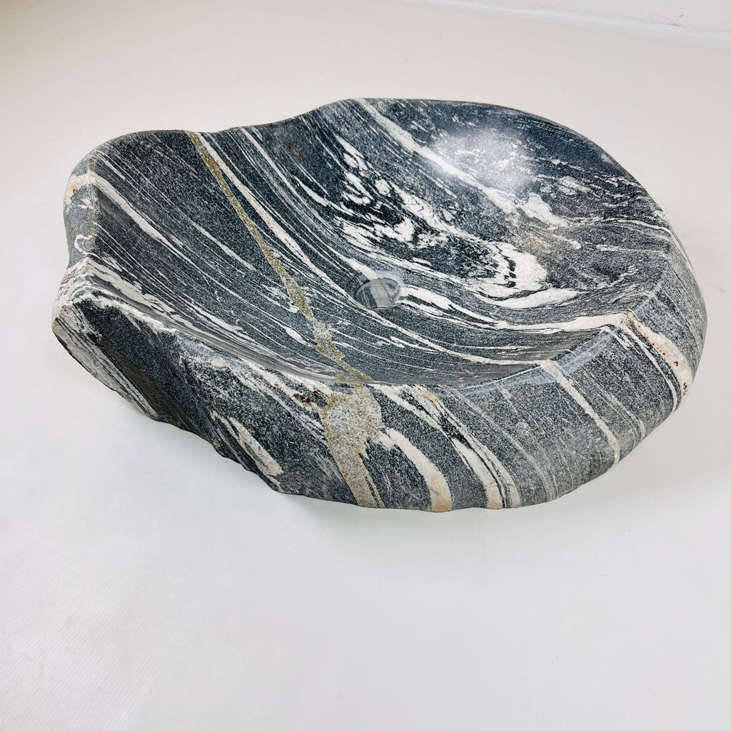 White Lined Black River Stone Sink