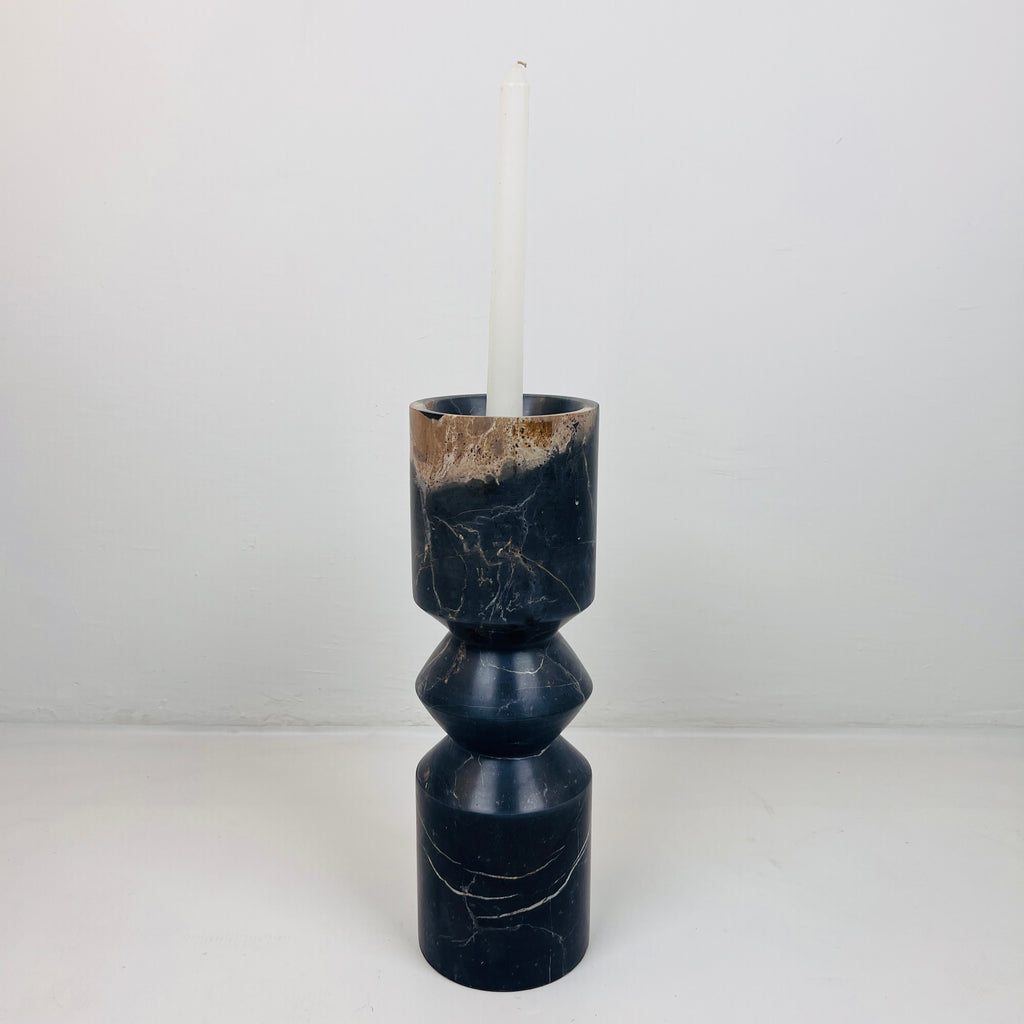 Bulged Disc Black Marked Marble Candle Stand