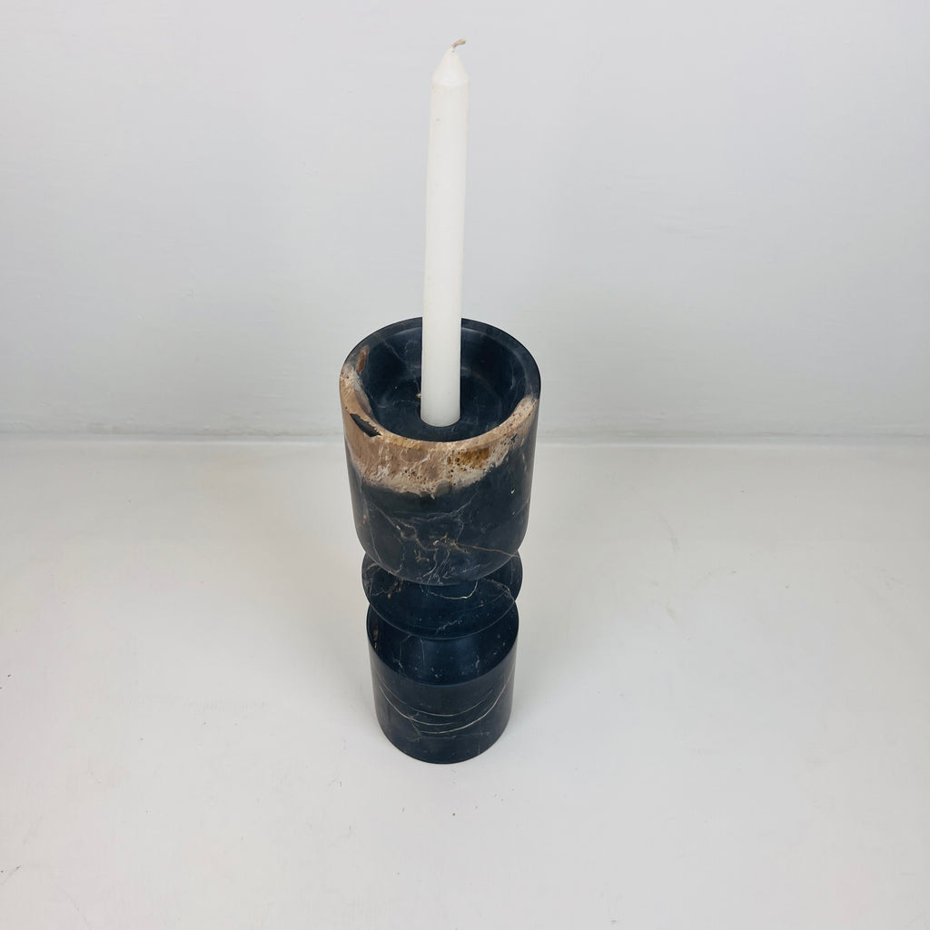 Bulged Disc Black Marked Marble Candle Stand