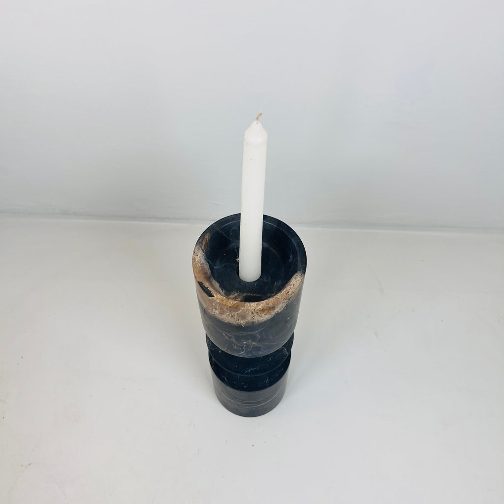 Bulged Disc Black Marked Marble Candle Stand