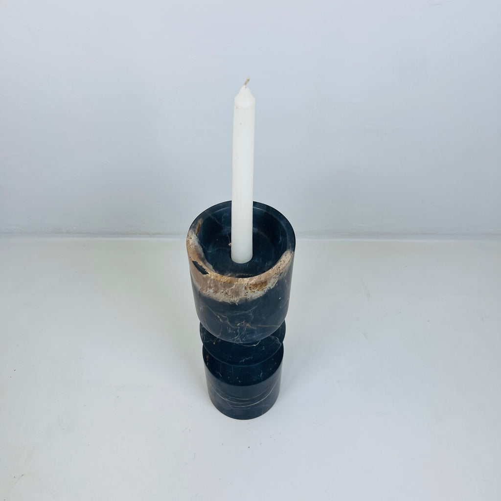 Bulged Disc Black Marked Marble Candle Stand