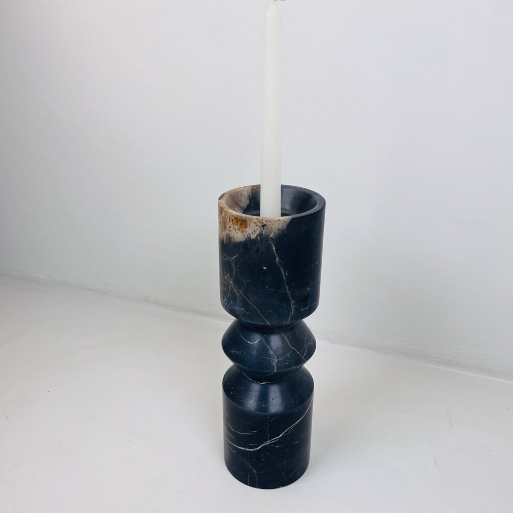 Bulged Disc Black Marked Marble Candle Stand