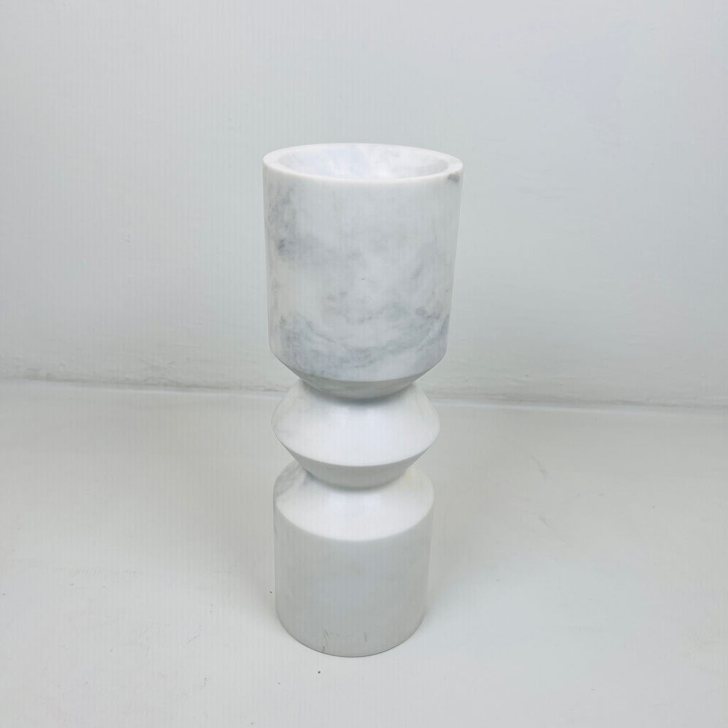 Bulged Disc Light Grey Streaked Marble Candle Stand