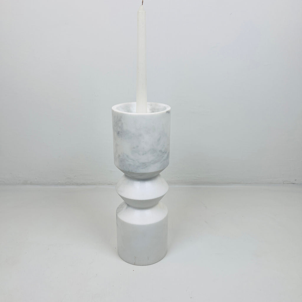 Bulged Disc Light Grey Streaked Marble Candle Stand