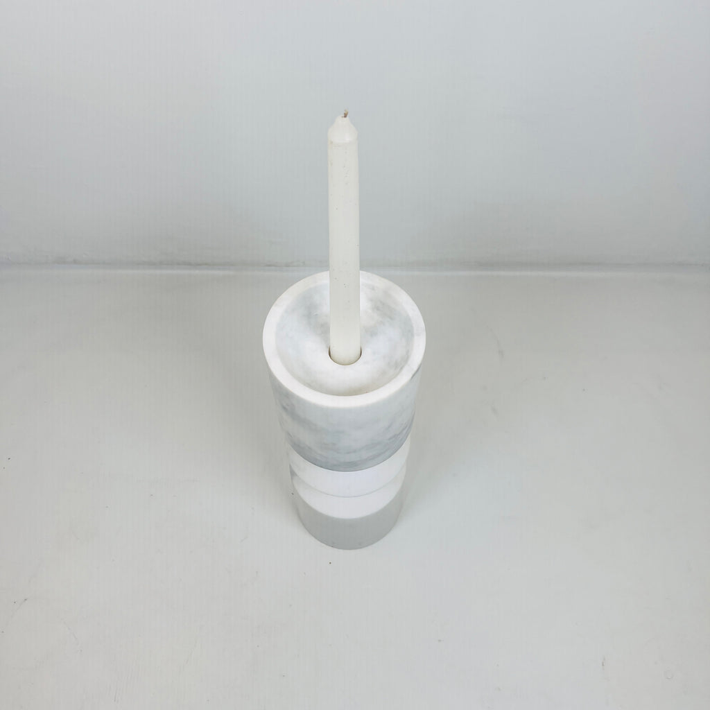 Bulged Disc Light Grey Streaked Marble Candle Stand