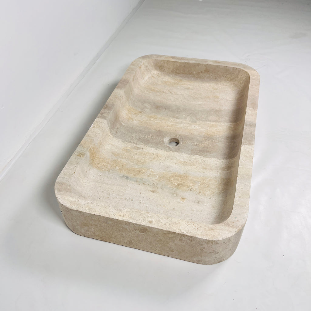 Beige-Streaked Rectangle Travertine Sink