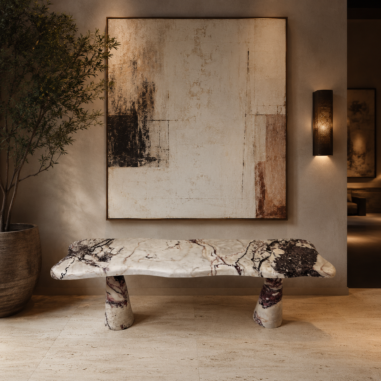Muse Carved Bench - Red & White