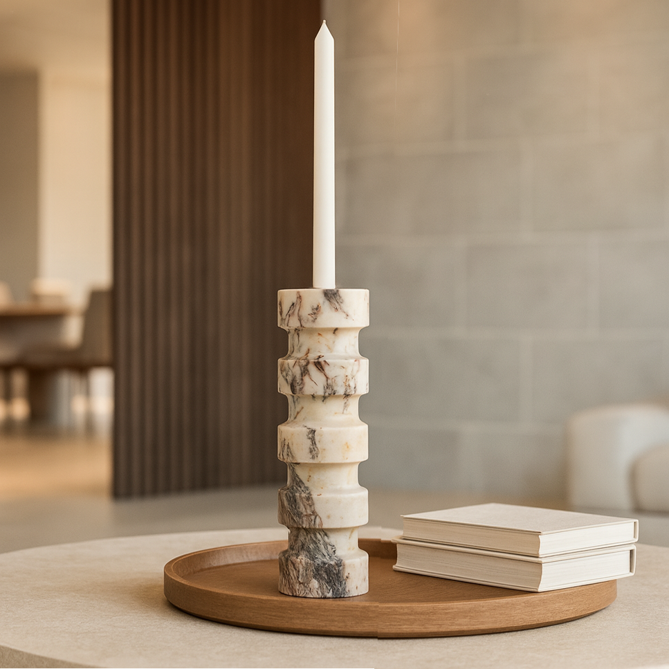 Banded Cylindrical Candle Stand - Red & White
