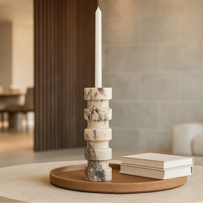 Banded Cylindrical Candle Stand - Red & White