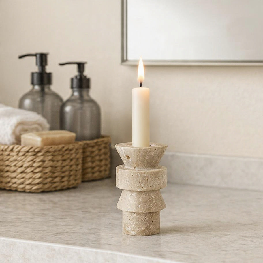 Stacked Candle Stand - Travertine