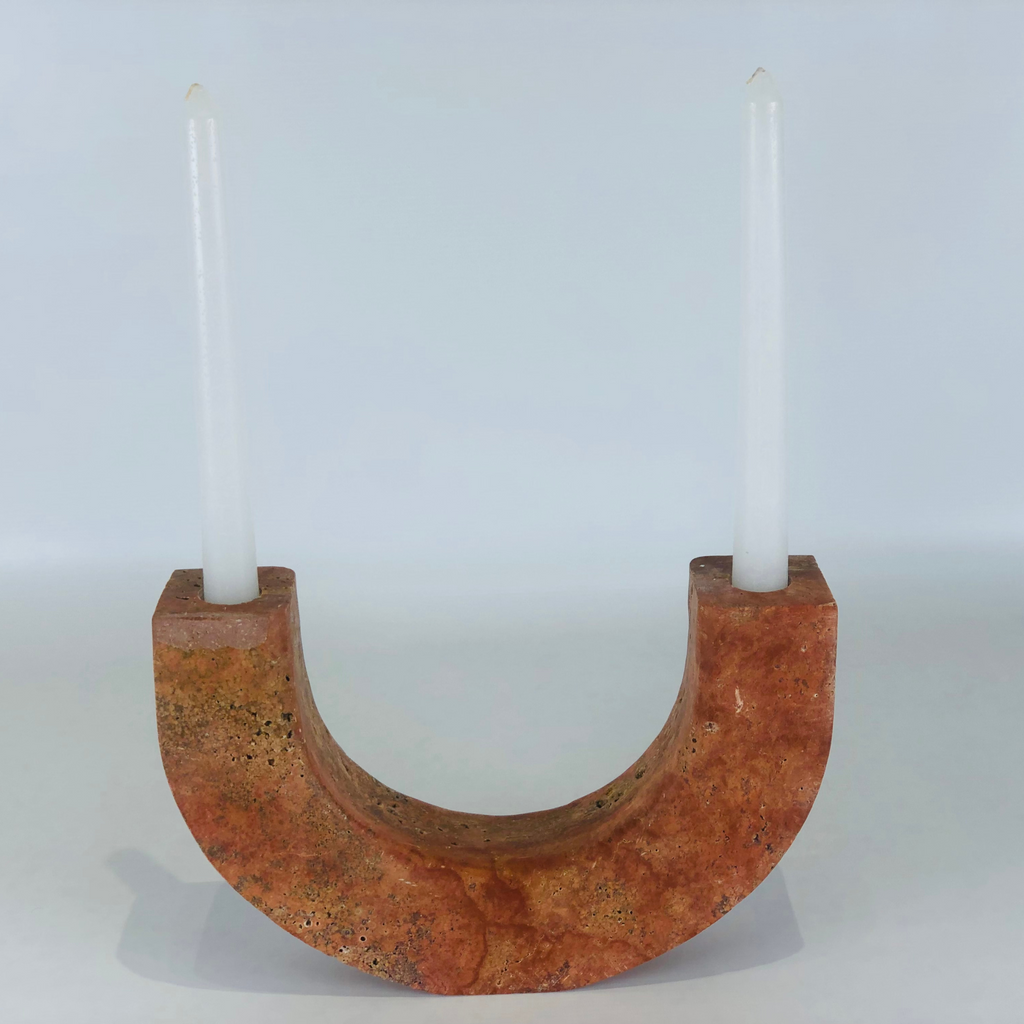 Double Headed Travertine Red Candle Stand